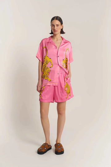 The Tales Crouching Tiger Silk Camp Shirt Pink