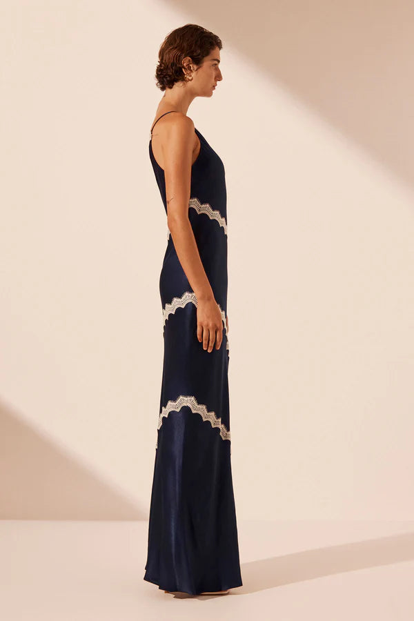 Shona Joy Camille Lace Asymmetrical Maxi Dress Deep Midnight/Ivory