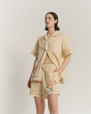 The Tales Cream Embroidered Flower Linen Shorts