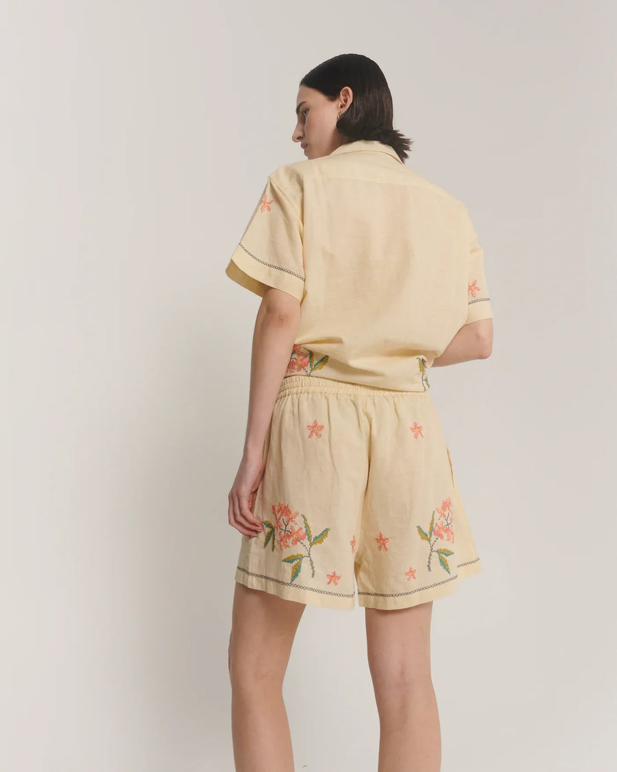 The Tales Cream Embroidered Flower Linen Shorts