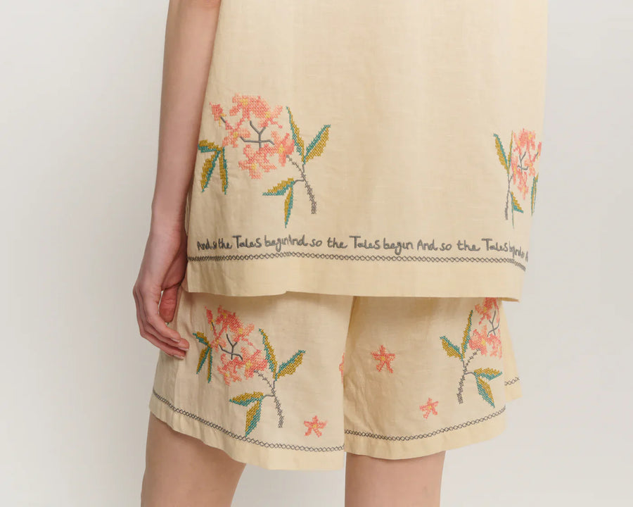 The Tales Cream Embroidered Flower Linen Shorts