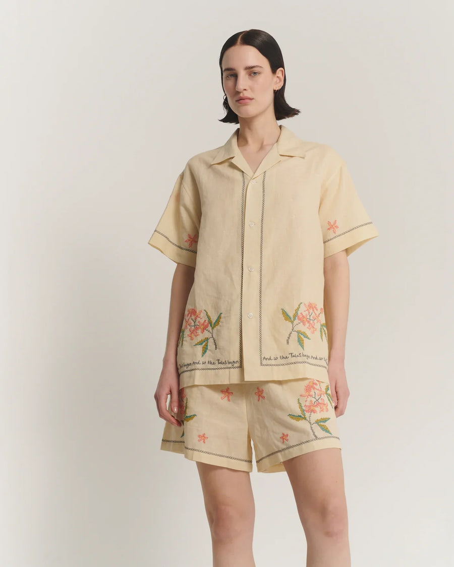 The Tales Cream Embroidered Flower Linen Shorts