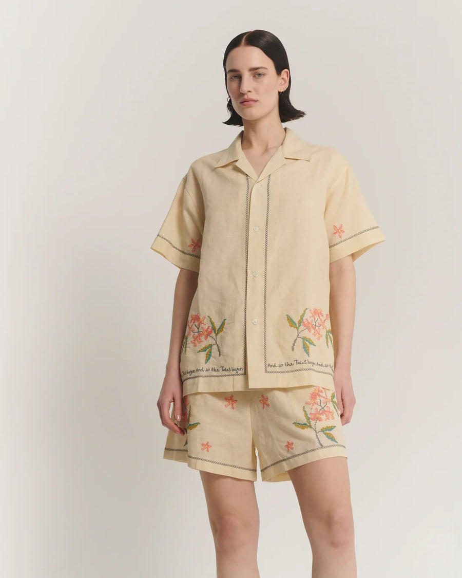 The Tales Cream Embroidered Flower Linen Shirt