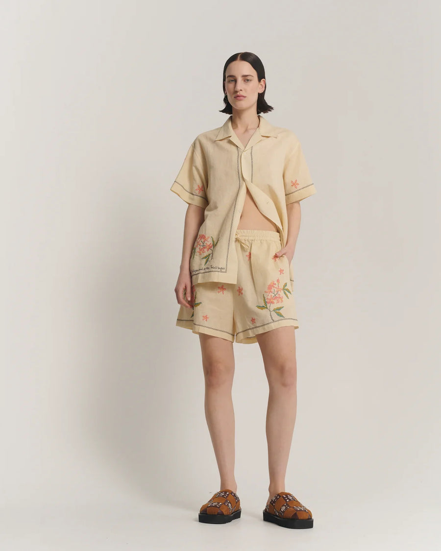 The Tales Cream Embroidered Flower Linen Shirt