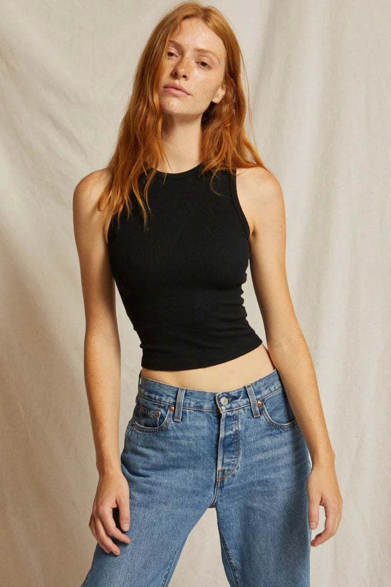 PerfectWhiteTee Gigi High Neck Cropped Ribbed Tank True Black