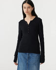 Bassike Slim Rib Placket Long Sleeve T/Shirt Black