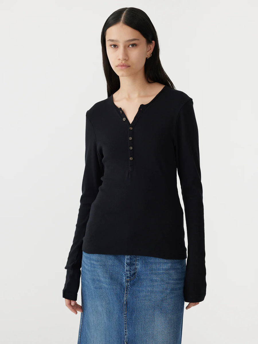 Bassike Slim Rib Placket Long Sleeve T/Shirt Black