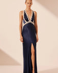 Shona Joy Camille Lace Cross Back Split Maxi Dress Deep Midnight Ivory