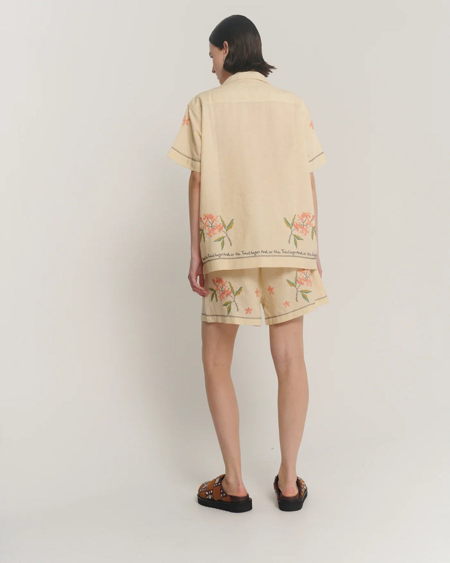 The Tales Cream Embroidered Flower Linen Shirt