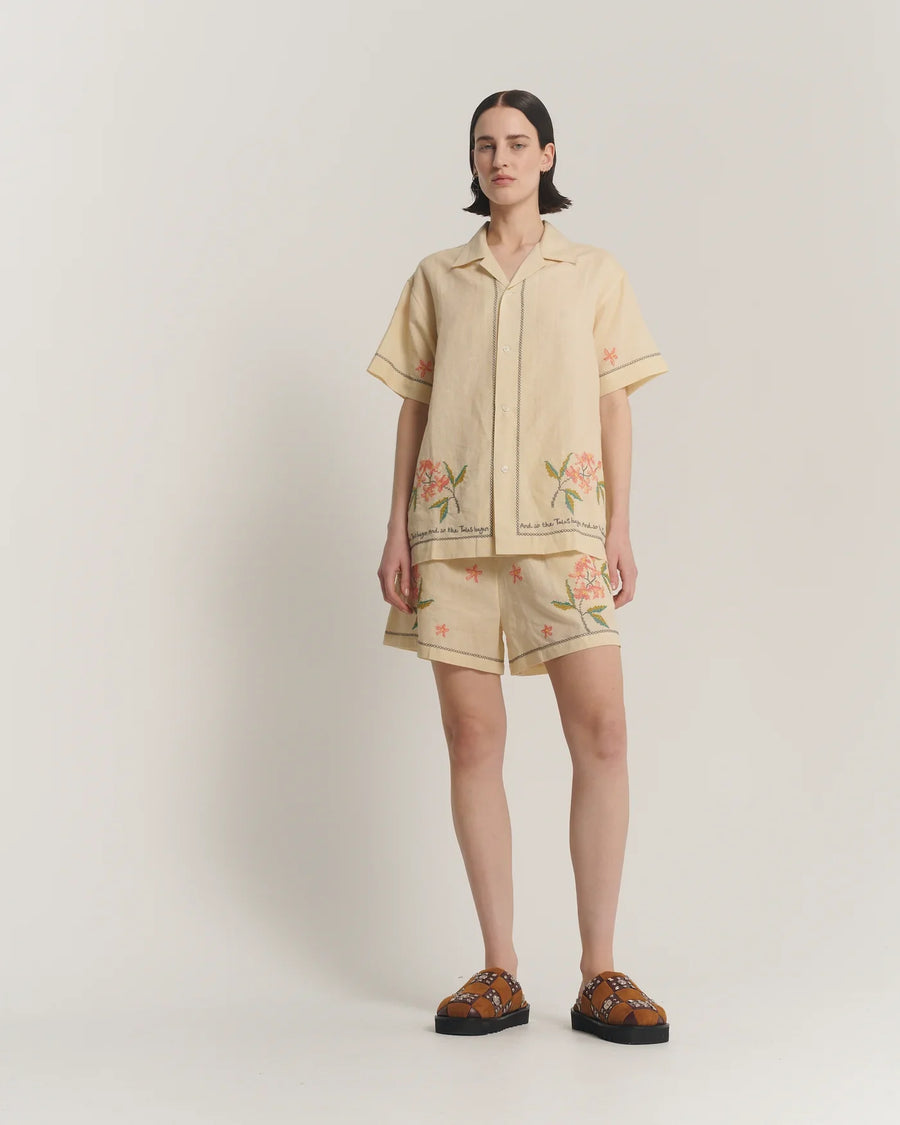 The Tales Cream Embroidered Flower Linen Shirt