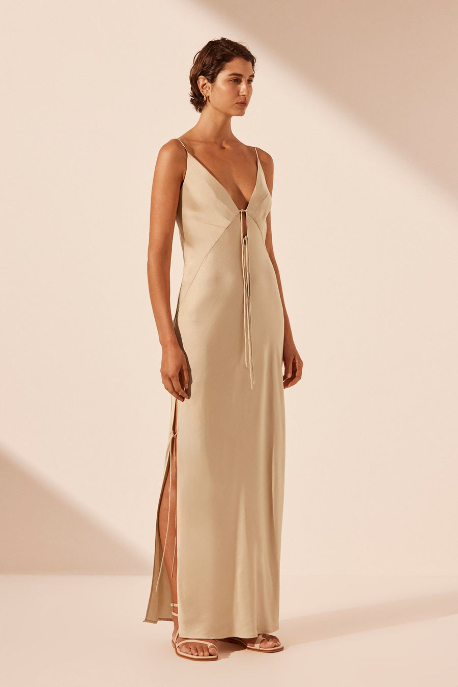 Shona Joy Shae Plunged Tie Maxi Dress Oat