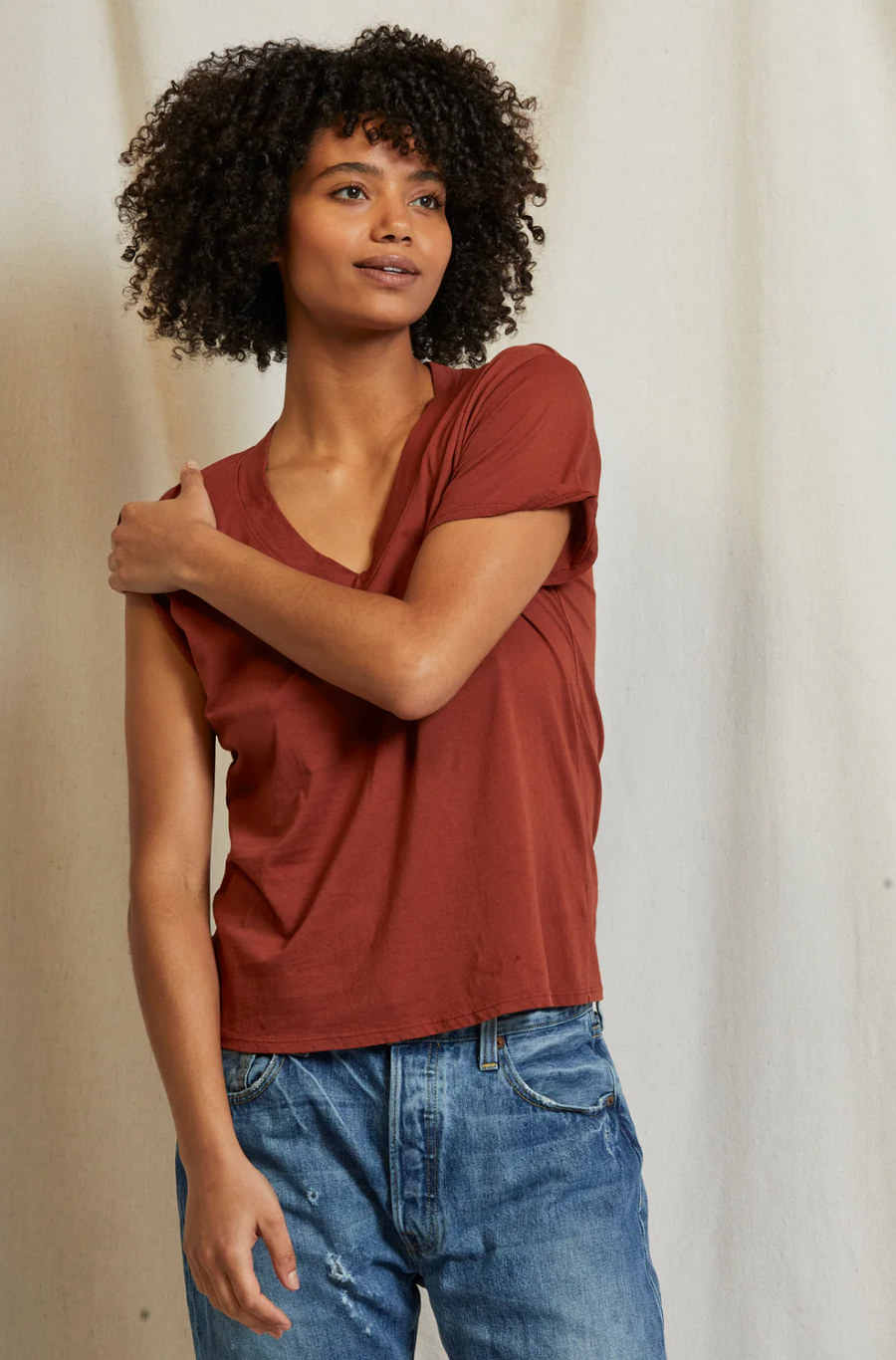 Perfectwhitetee Hendrix Cotton Boxy V Neck Tee Russet