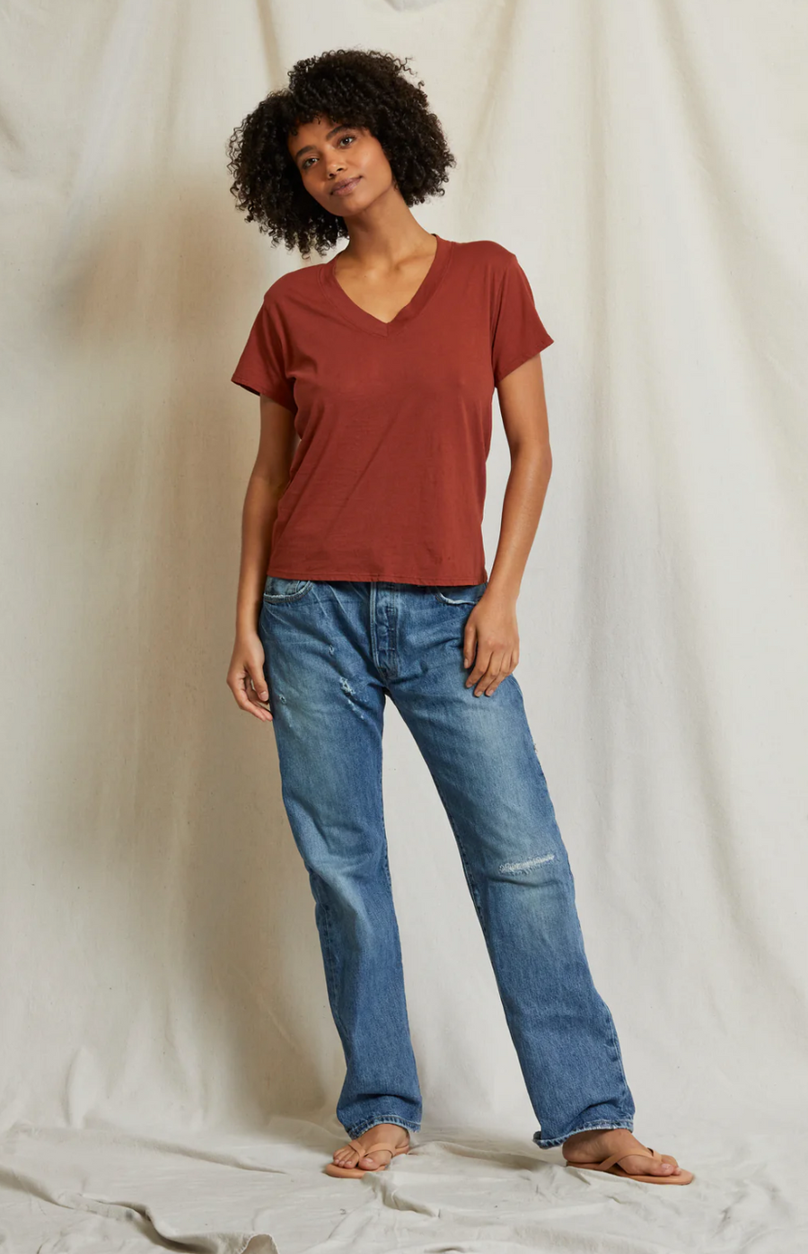 Perfectwhitetee Hendrix Cotton Boxy V Neck Tee Russet