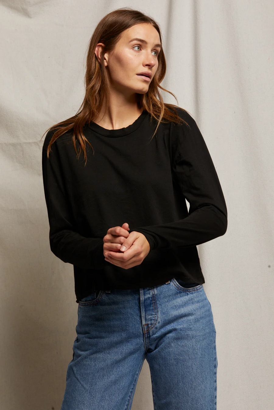 Perfectwhitetee Axel Long Sleeve Cotton Boxy Crew Tee Black