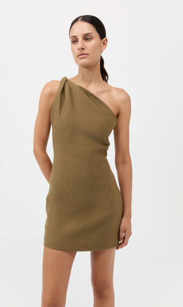 St Agni Twisted Linen Mini Dress Olive