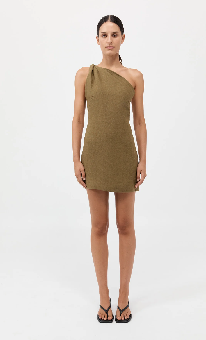 St Agni Twisted Linen Mini Dress Olive