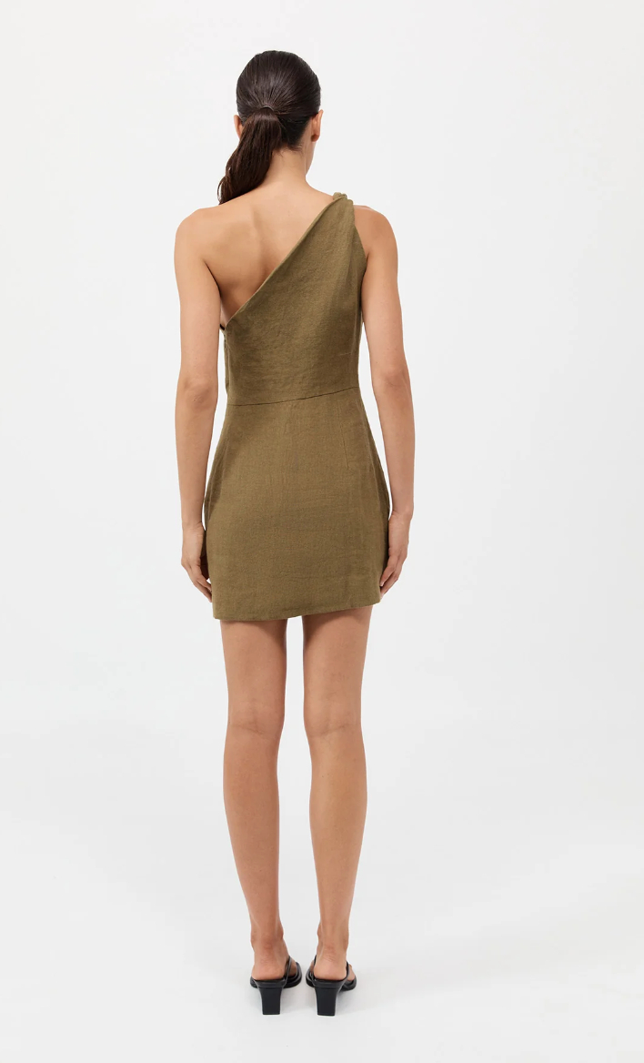 St Agni Twisted Linen Mini Dress Olive