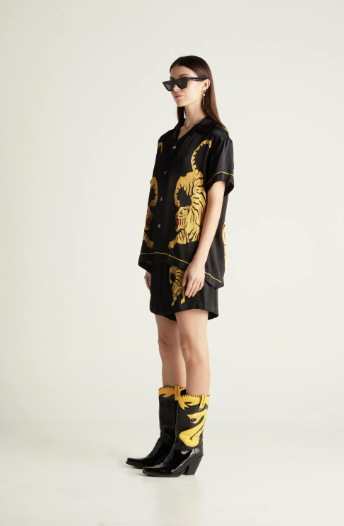 THE TALES Silk Crouching Tiger Shirt Black