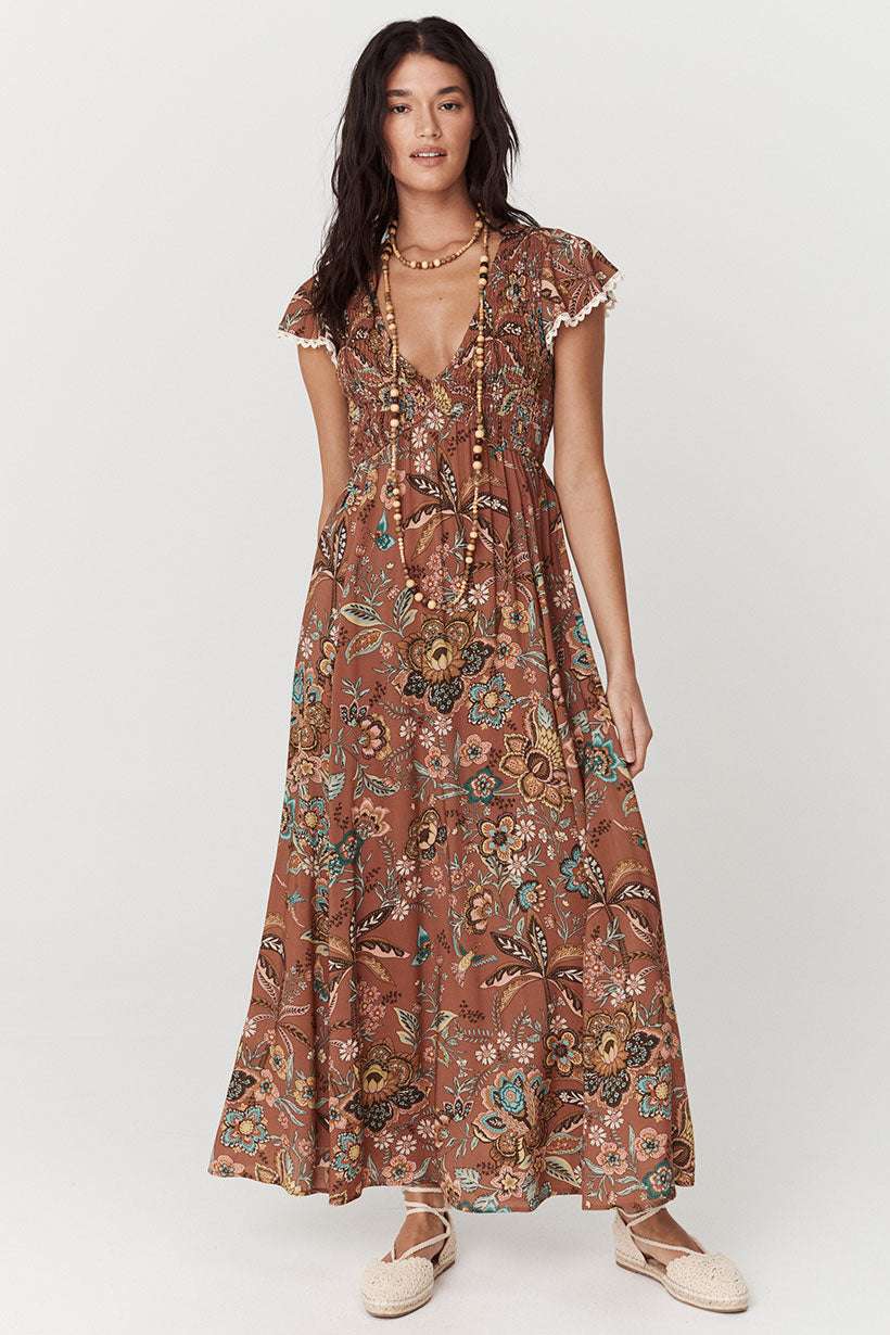 Spell Mojave Lily Shirred Maxi Dress Amber